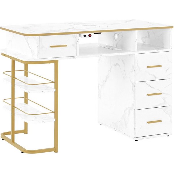 Barberpub Schreibtisch BarberPub Maniküretisch, Nageltisch mit Absaugung, Marmor-Weiß, 2464, 4 Schubladen, 1 Regal & 5 Ablagen, 2 Staubsaugerbeuteln