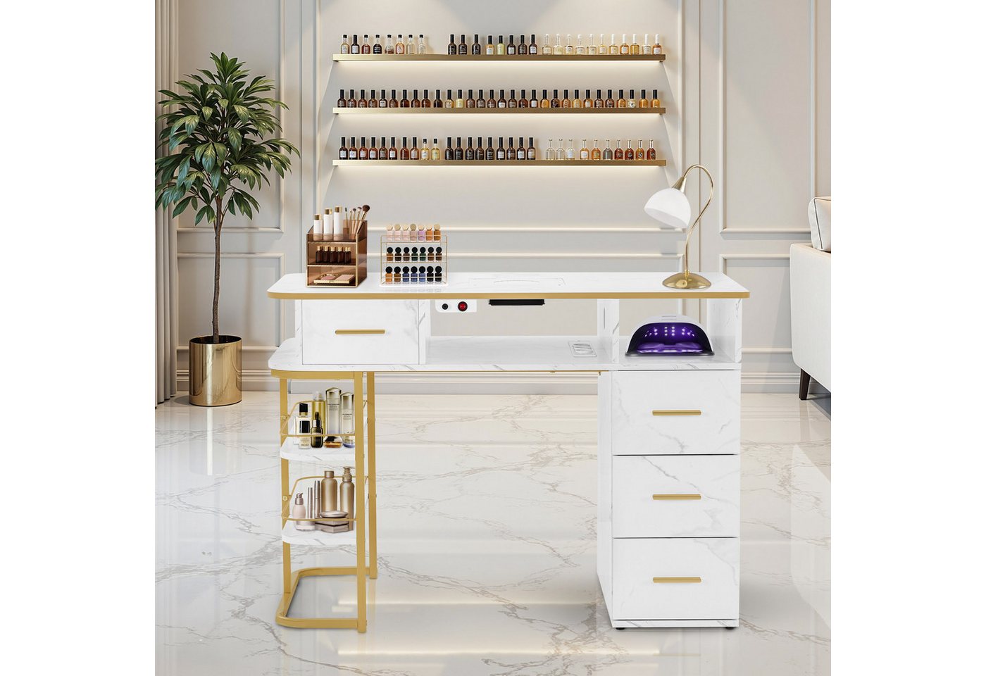 Barberpub Schreibtisch BarberPub Maniküretisch, Nageltisch mit Absaugung, Marmor-Weiß, 2464, 4 Schubladen, 1 Regal & 5 Ablagen, 2 Staubsaugerbeuteln – Bild 2 von 5