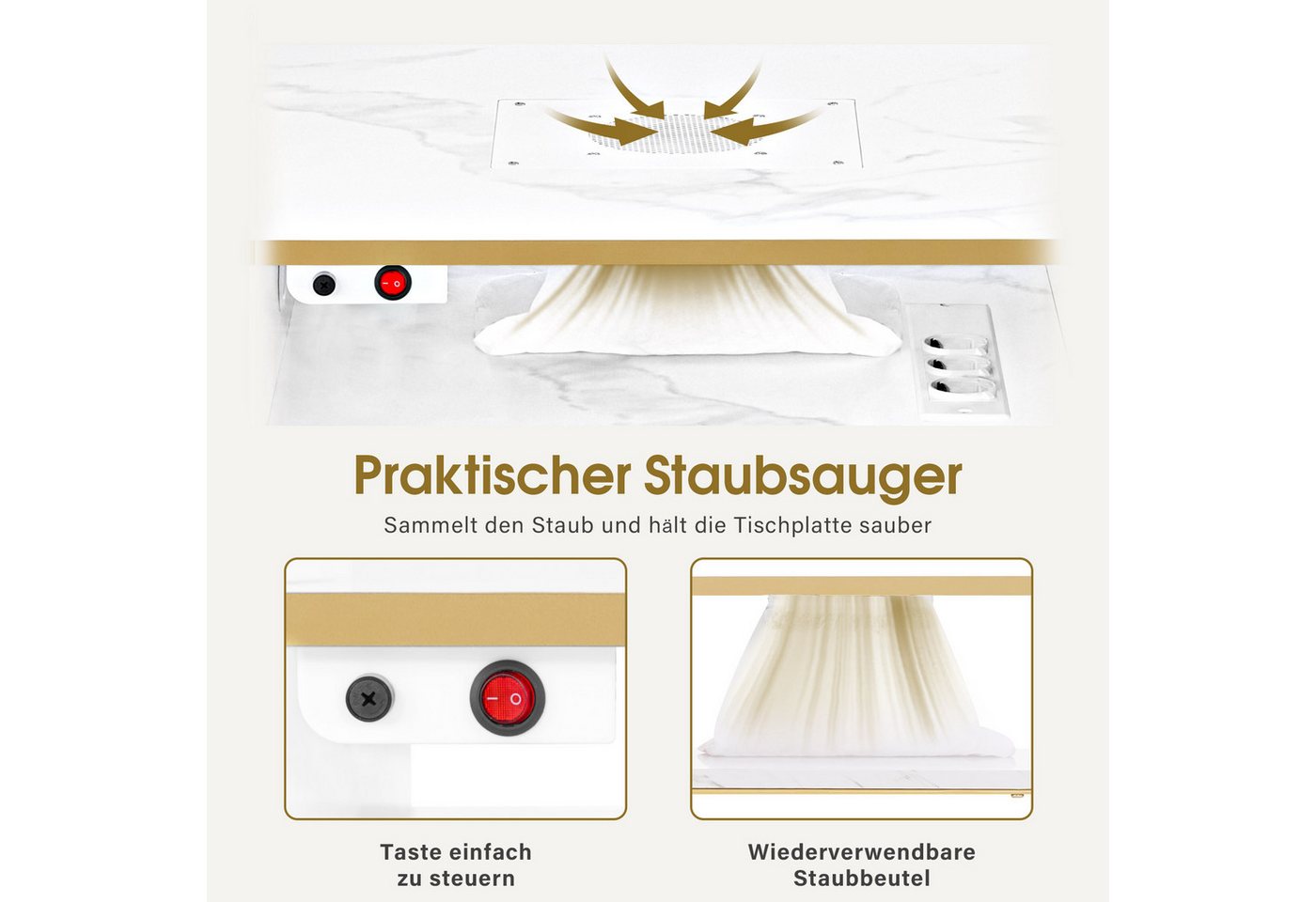 Barberpub Schreibtisch BarberPub Maniküretisch, Nageltisch mit Absaugung, Marmor-Weiß, 2464, 4 Schubladen, 1 Regal & 5 Ablagen, 2 Staubsaugerbeuteln – Bild 4 von 5