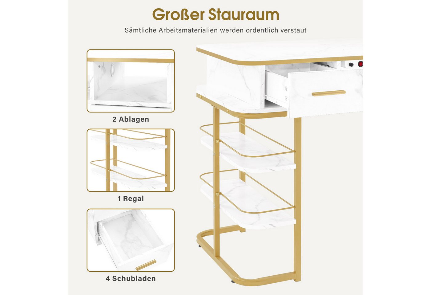 Barberpub Schreibtisch BarberPub Maniküretisch, Nageltisch mit Absaugung, Marmor-Weiß, 2464, 4 Schubladen, 1 Regal & 5 Ablagen, 2 Staubsaugerbeuteln – Bild 5 von 5