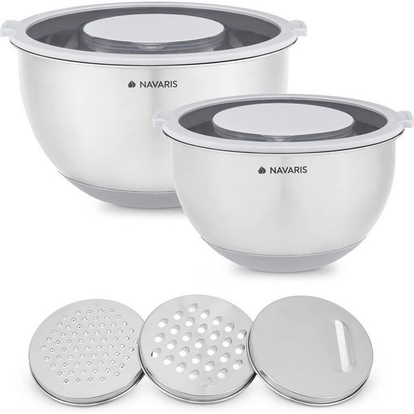 Navaris Schüssel Navaris 2er Edelstahlschüssel Set mit Deckel und 3 Reiben