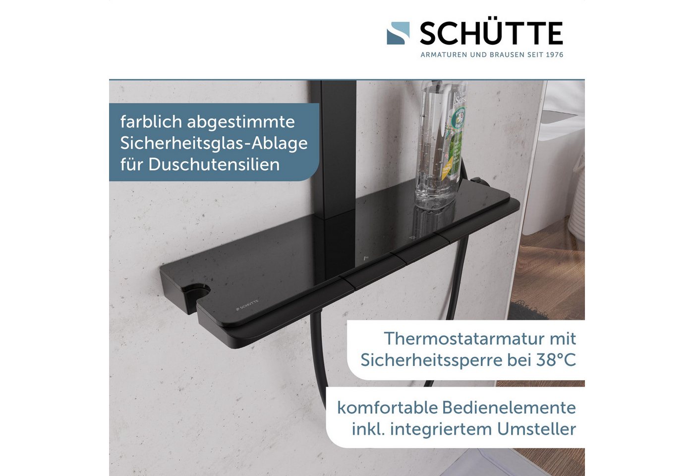 Schütte Duschsystem HAWAII Überkopfbrause-Set, Höhe 115 cm, 3 Strahlart(en), Komplett-Set, Inkl. Montagematerial und Dichtungen, mit Thermostatarmatur, Glasabla – Bild 3 von 5