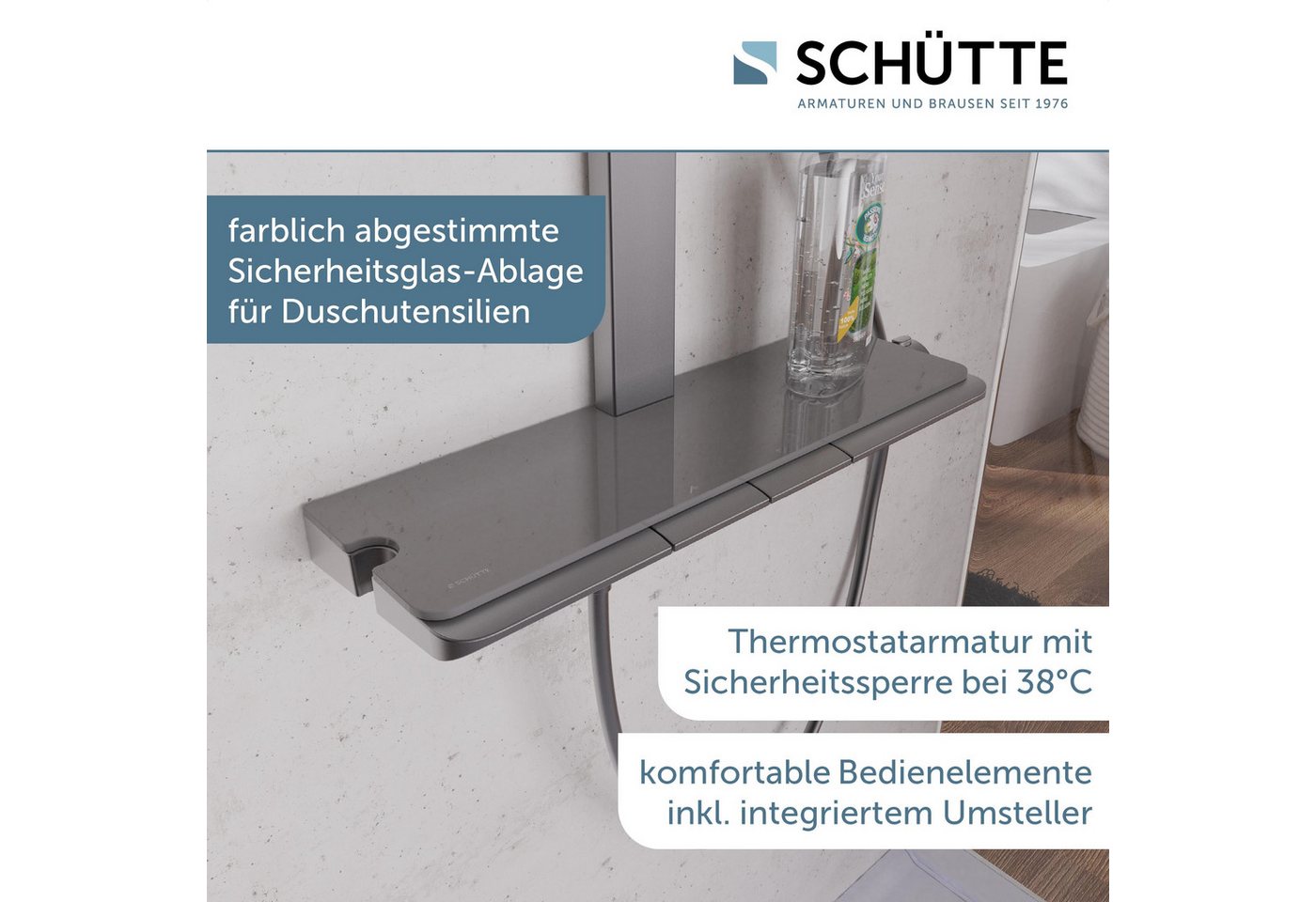 Schütte Duschsystem HAWAII Überkopfbrause-Set, Höhe 115 cm, 3 Strahlart(en), Komplett-Set, Inkl. Montagematerial und Dichtungen, mit Thermostatarmatur, Glasabla – Bild 3 von 5