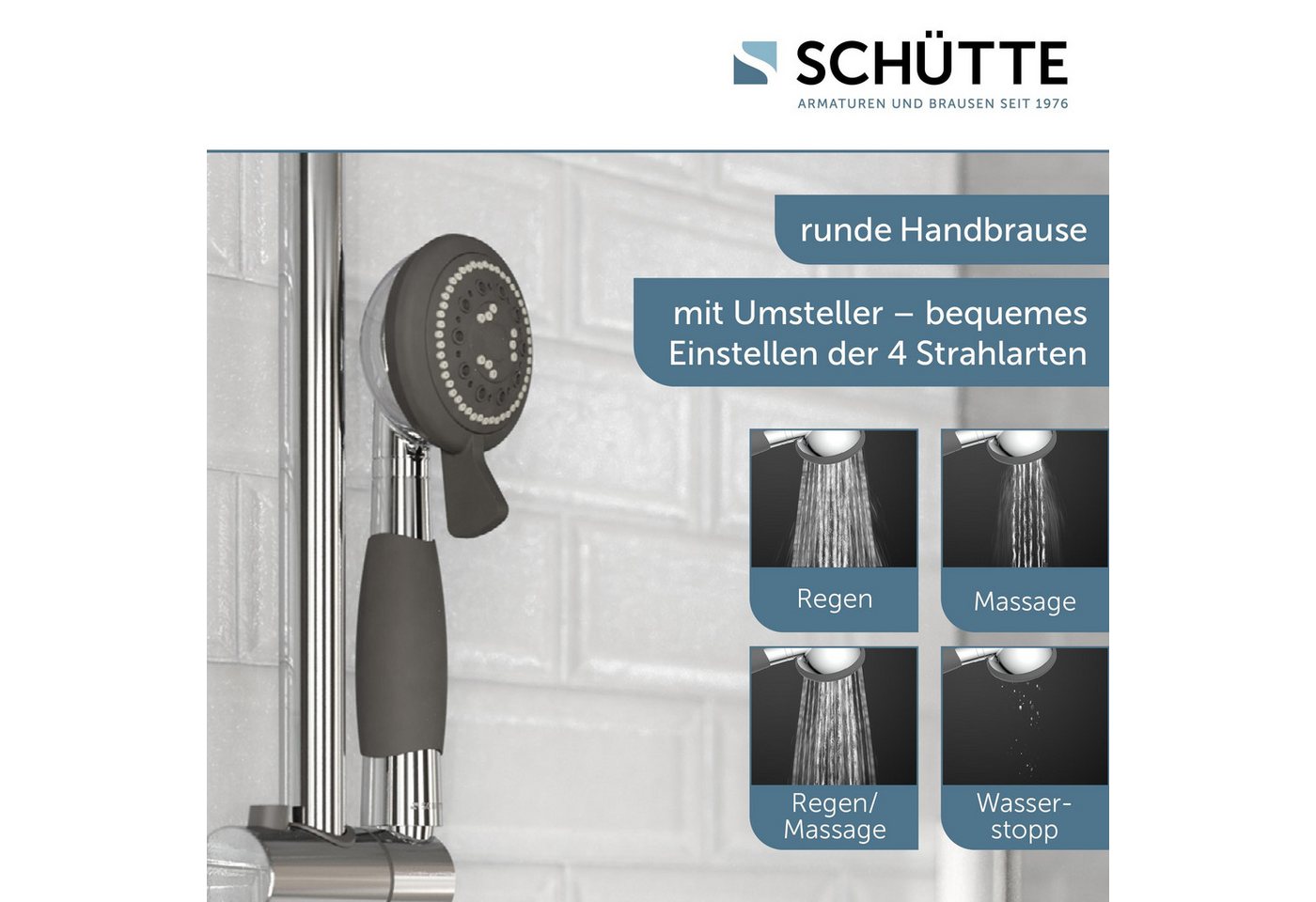 Schütte Handbrause VITAL, mit 4 Strahlarten, mit rutschfestem Griff, Duschbrause, Chrom/Schwarz – Bild 3 von 5