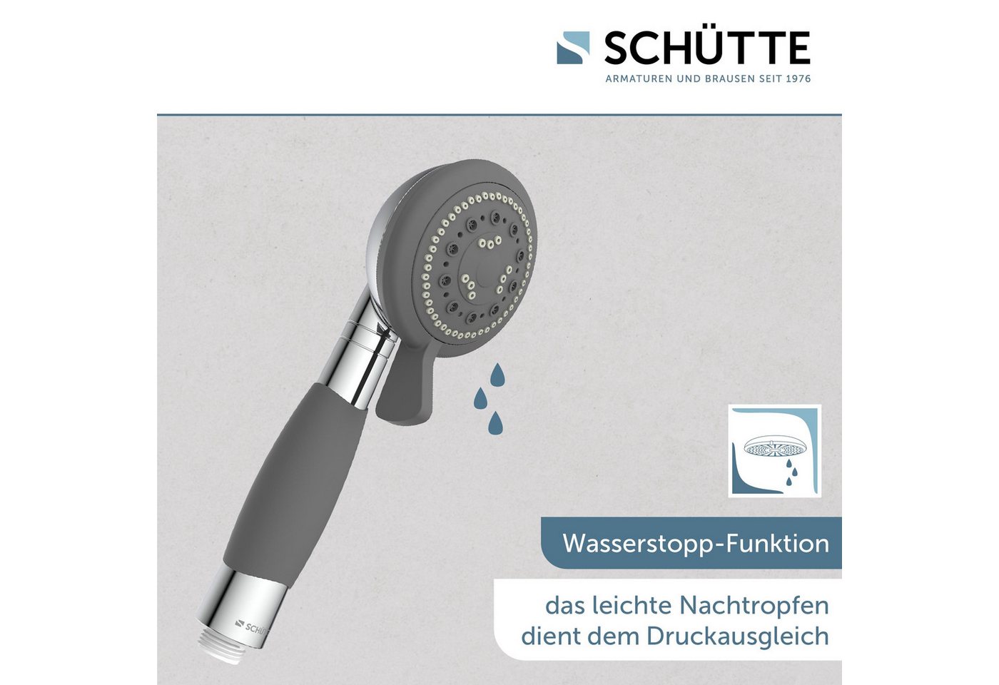 Schütte Handbrause VITAL, mit 4 Strahlarten, mit rutschfestem Griff, Duschbrause, Chrom/Schwarz – Bild 4 von 5