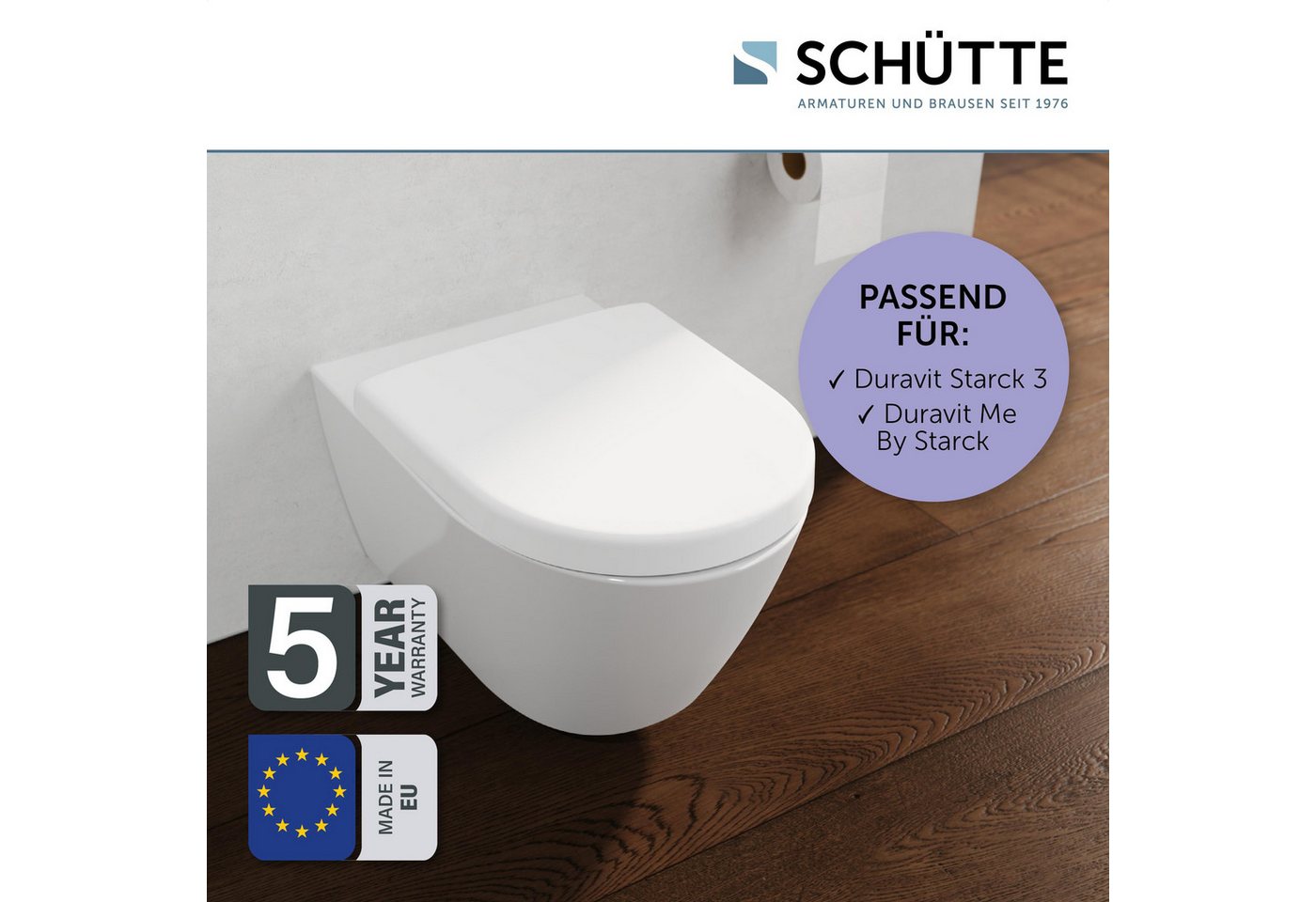 Schütte WC-Sitz Duroplast, WHITE D-Form PRO 8 (WC-Sitz, Befestigungsmaterial, Montageanleitung), mit Absenkautomatik und Schnellverschluss – Bild 2 von 5