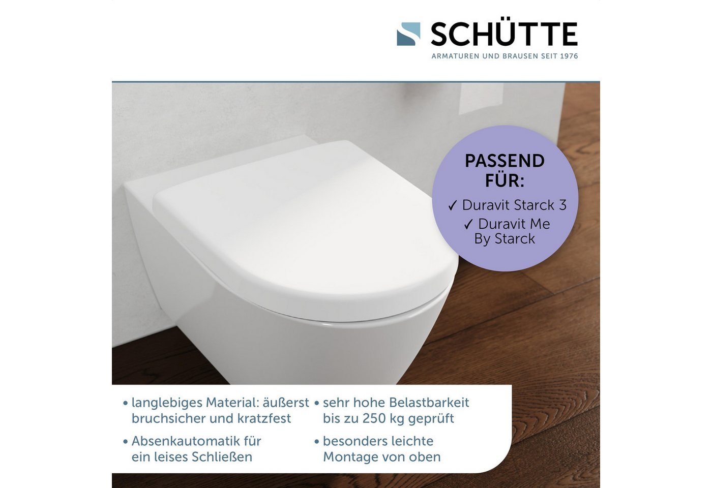 Schütte WC-Sitz Duroplast, WHITE D-Form PRO 8 (WC-Sitz, Befestigungsmaterial, Montageanleitung), mit Absenkautomatik und Schnellverschluss – Bild 4 von 5