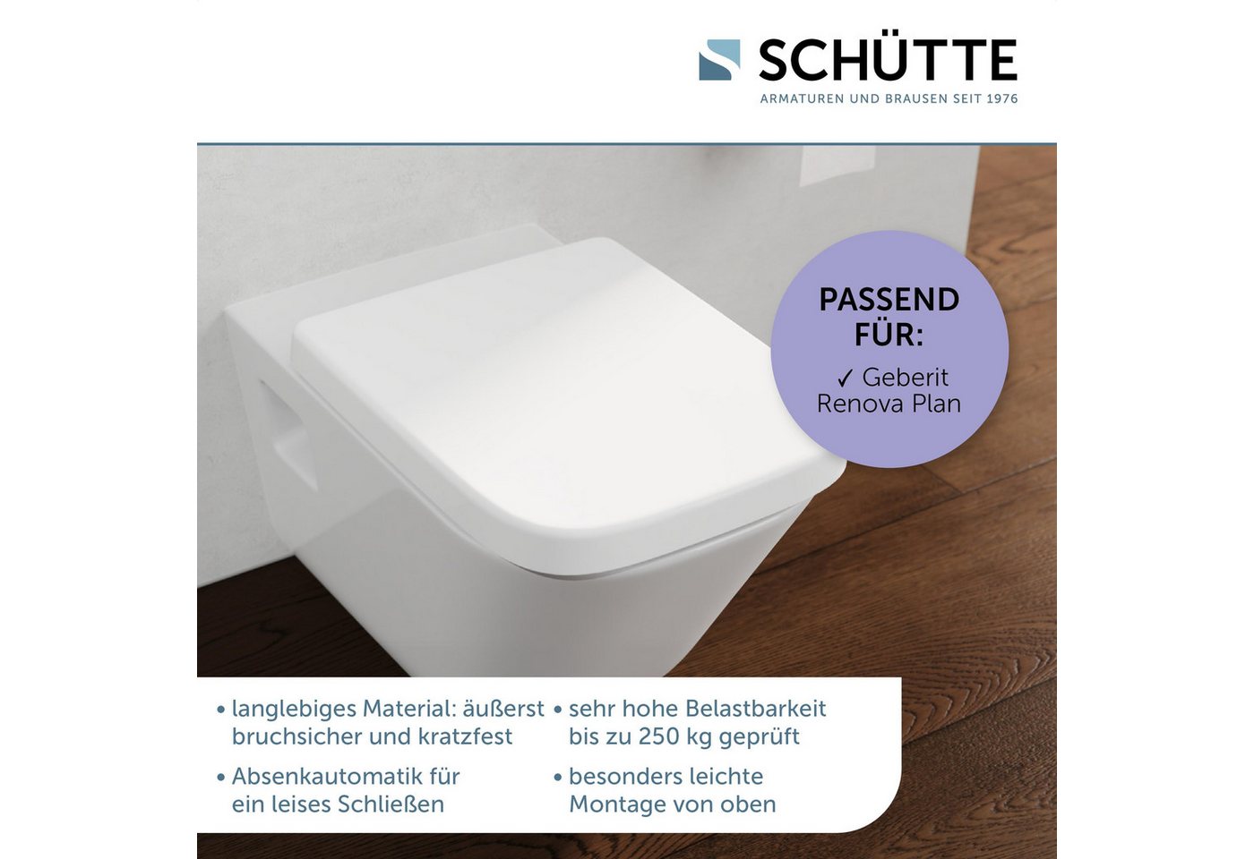 Schütte WC-Sitz Duroplast, WHITE E-Form PRO 4 (WC-Sitz, Befestigungsmaterial, Montageanleitung), mit Absenkautomatik und Schnellverschluss – Bild 2 von 5