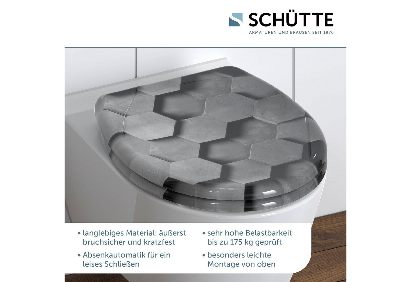Schütte WC-Sitz Grey Hexagons, Duroplast, mit Absenkautomatik und Schnellverschluss – Bild 2 von 5