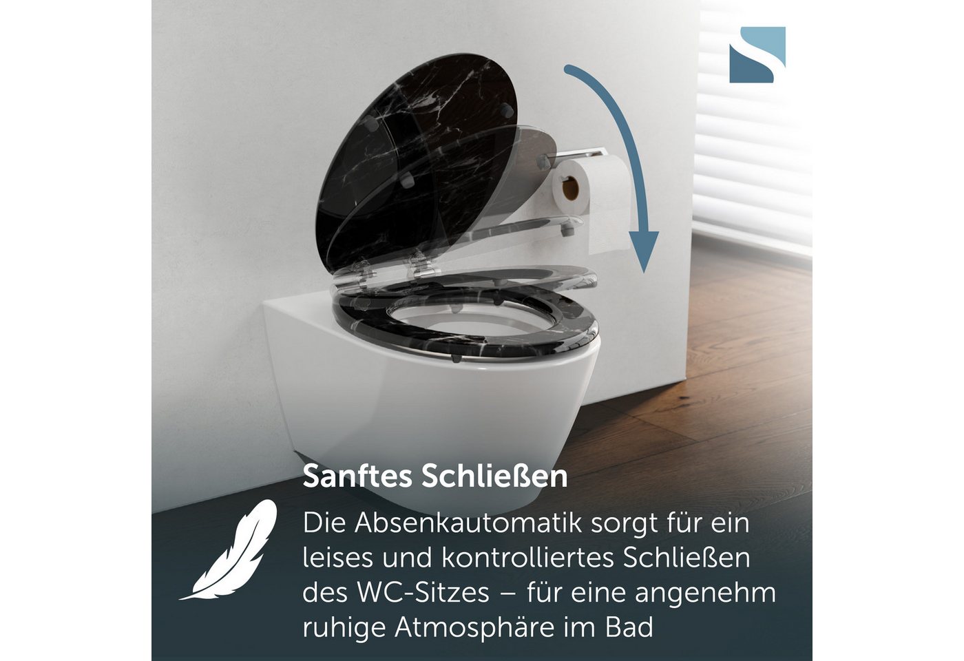 Schütte WC-Sitz MARMOR BLACK, Toilettendeckel, Absenkautomatik, stabiles MDF, O-Form, Motiv, 175kg – Bild 3 von 5