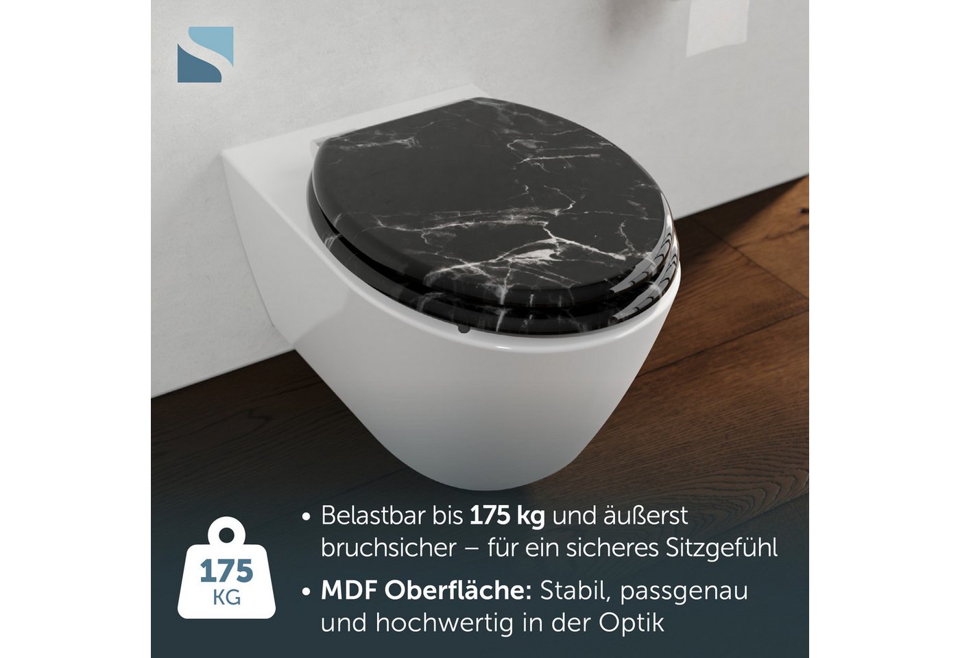 Schütte WC-Sitz MARMOR BLACK, Toilettendeckel, Absenkautomatik, stabiles MDF, O-Form, Motiv, 175kg – Bild 4 von 5