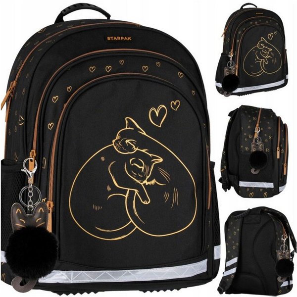 Starpak Schulrucksack Starpak Schulrucksack Mädchen Schwarz Gold Katze Klasse 1-3 (1-tlg)