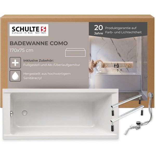 Schulte Badewanne Rechteck Como, 170x75 cm Sanitäracryl Weiß Komplett-Set mit Fußgestell und Ablauf
