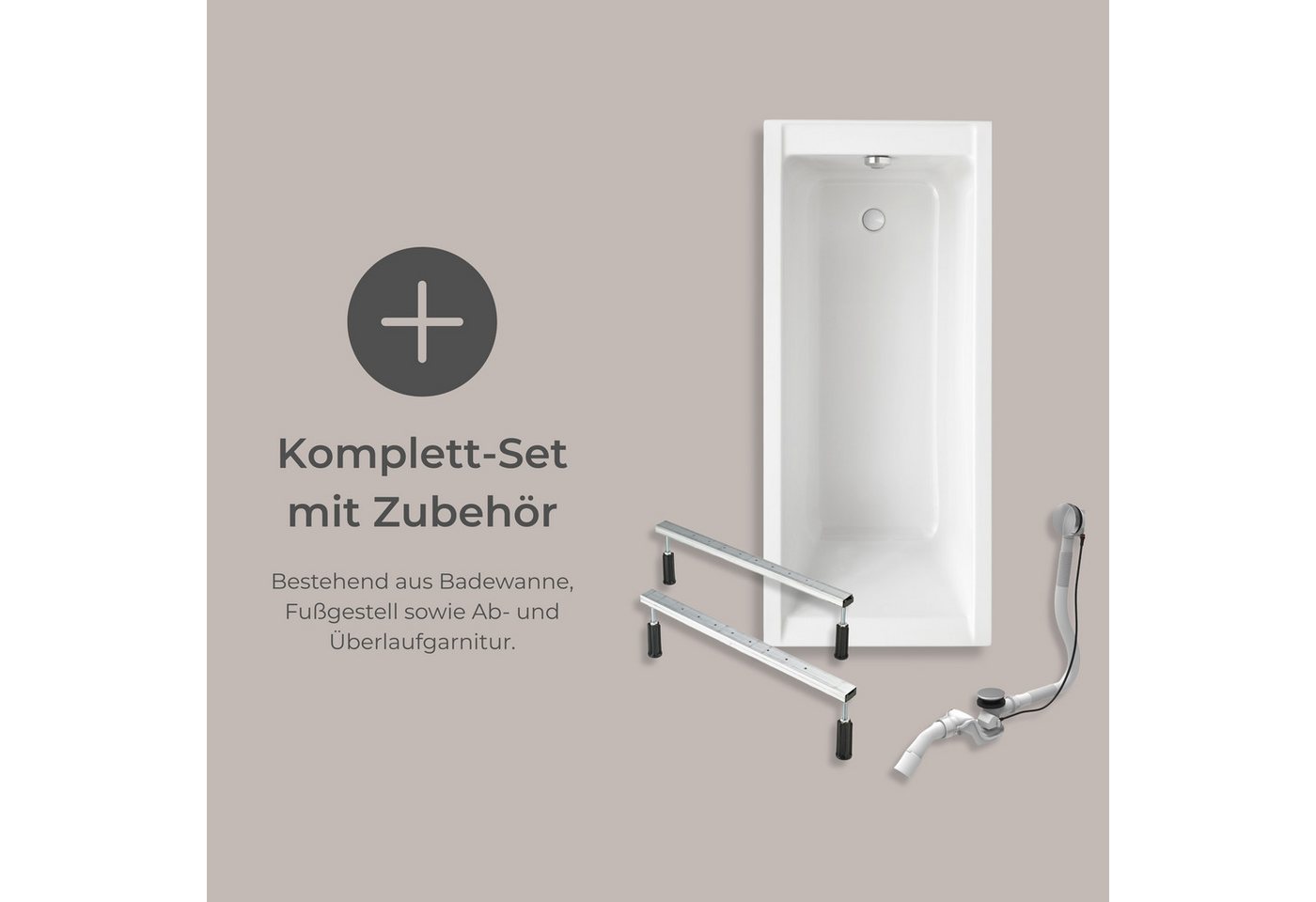 Schulte Badewanne Rechteck Como, 170x75 cm Sanitäracryl Weiß Komplett-Set mit Fußgestell und Ablauf – Bild 5 von 5