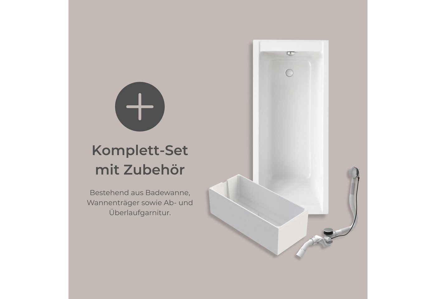 Schulte Badewanne Rechteck Como, 170x75 cm Sanitäracryl Weiß Komplett-Set mit Wannenträger und Ablauf – Bild 5 von 5