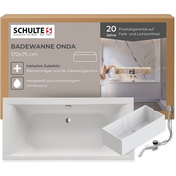 Schulte Badewanne Rechteck Onda, 170x75 cm Sanitäracryl Weiß Komplett-Set mit Wannenträger und Ablauf