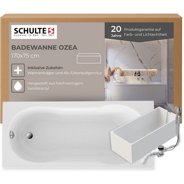 Schulte Badewanne Rechteck Ozea 170x75 cm, Sanitäracryl Weiß Komplett-Set mit Wannenträger und Ablauf