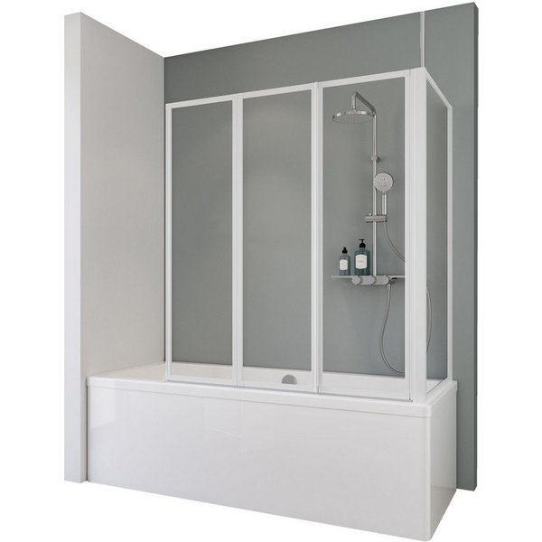 Schulte Badewannenfaltwand Well, Glas, 129 x 140 cm, 3 tlg + Festelement, Klar, Profil Weiß