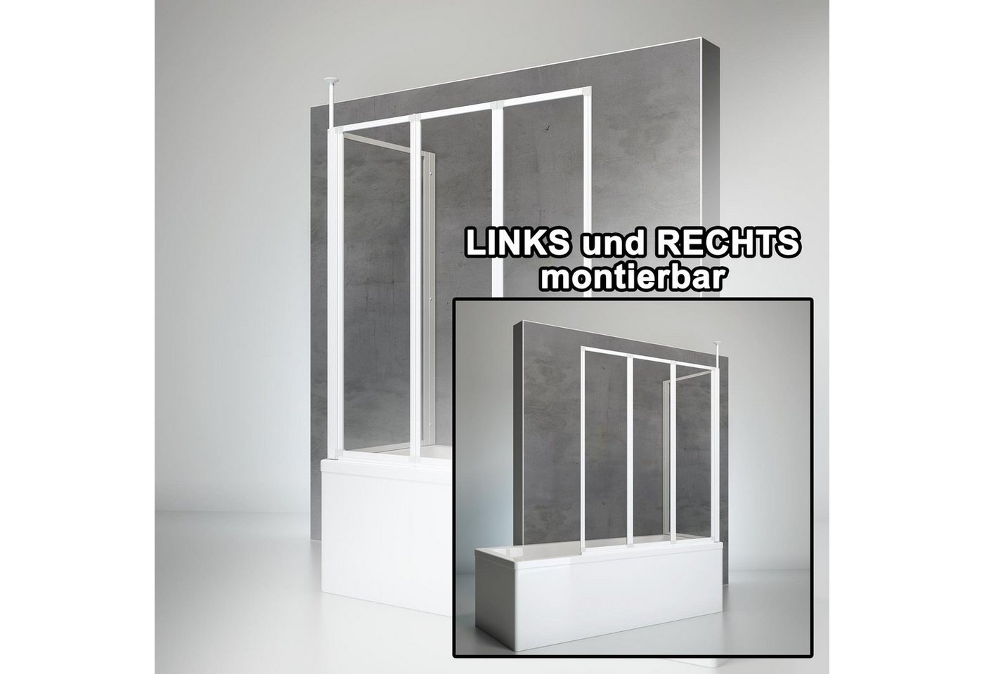 Schulte Badewannenfaltwand Well, Glas, 129 x 140 cm, 3 tlg + Festelement, Klar, Profil Weiß – Bild 3 von 5