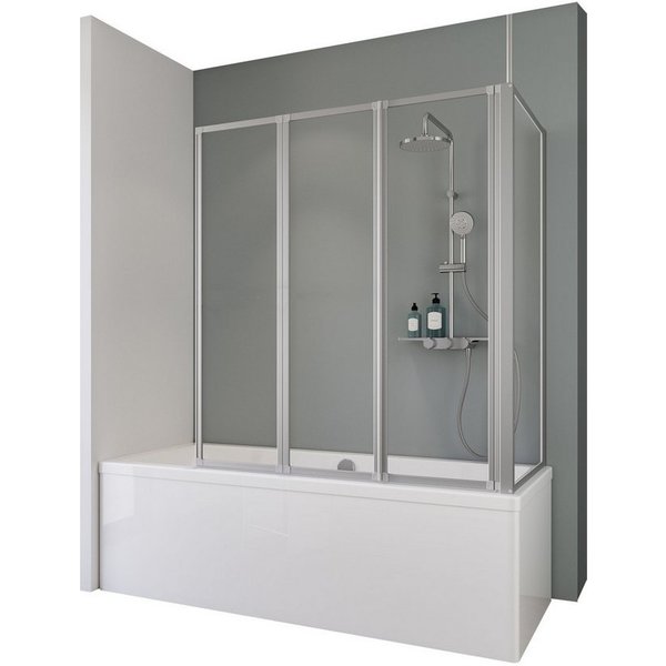 Schulte Badewannenfaltwand Well, Glas, 129 x 140 cm, 3 tlg + Festelement, Klar, Profil Alu-Natur