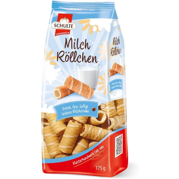 Schulte Kekse, Schulte Milch Waffelröllchen mit hauchzarter Waffel fein luftig 175g