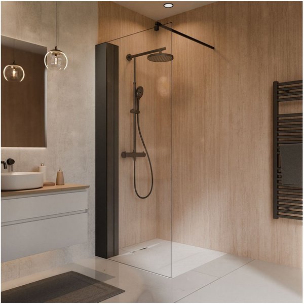 Schulte Walk-in-Dusche Toura Duschwand, Sicherheitsglas, 90 x 200 cm mattschwarz mit integriertem Duschregal Spritzschutz