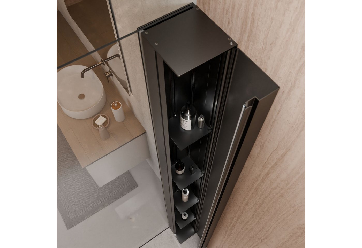 Schulte Walk-in-Dusche Toura Duschwand, Sicherheitsglas, 90 x 200 cm mattschwarz mit integriertem Duschregal Spritzschutz – Bild 4 von 5