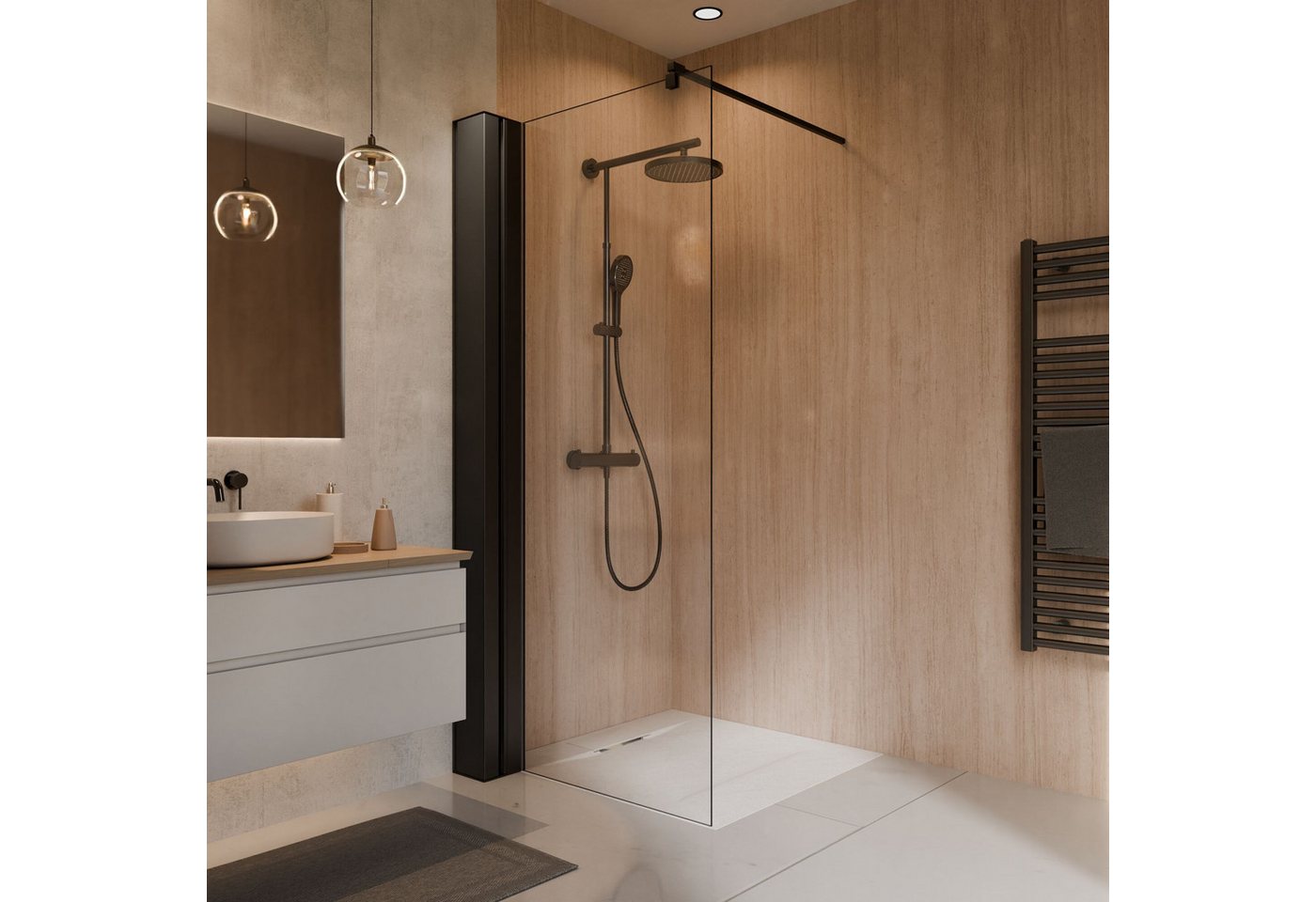 Schulte Walk-in-Dusche Toura Duschwand, Sicherheitsglas, 90 x 200 cm mattschwarz mit integriertem Duschregal Spritzschutz – Bild 5 von 5