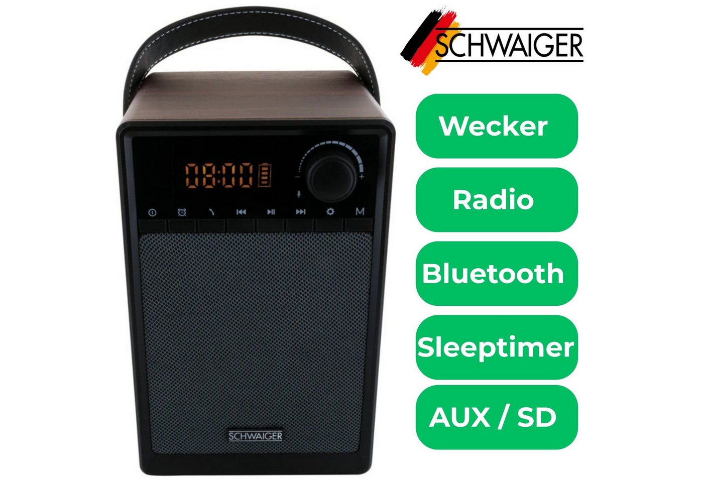 Schwaiger Radiowecker Radiowecker tragbar mit Bluetooth Lautsprecher Radio FM UKW AUX SD MP3-Player Wecker LED Display Sleep Sleeptimer – Bild 2 von 5