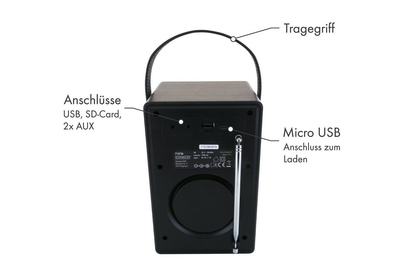 Schwaiger Radiowecker Radiowecker tragbar mit Bluetooth Lautsprecher Radio FM UKW AUX SD MP3-Player Wecker LED Display Sleep Sleeptimer – Bild 5 von 5