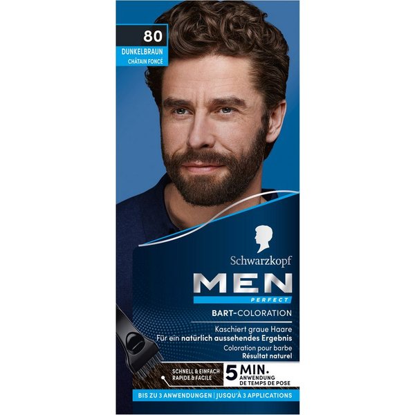 Schwarzkopf Bartfarbe Men Perfect 80 Dunkelbraun 3x 30ml, Vorratspack, 3-tlg., Schnelles Kaschieren grauer Haare, für ein natürlich aussehendes Ergebnis