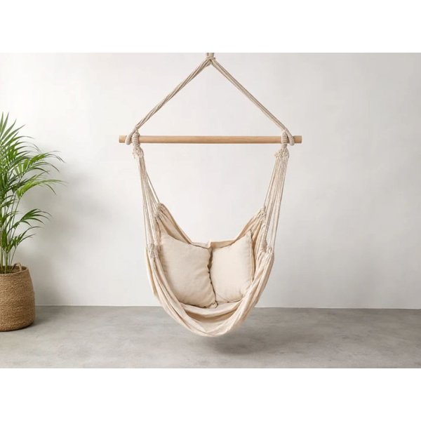 Schweng Hängesessel Hängesessel Beige – 130 × 100 cm, 2 Kissen, Seil, Holzstab & S-Hake