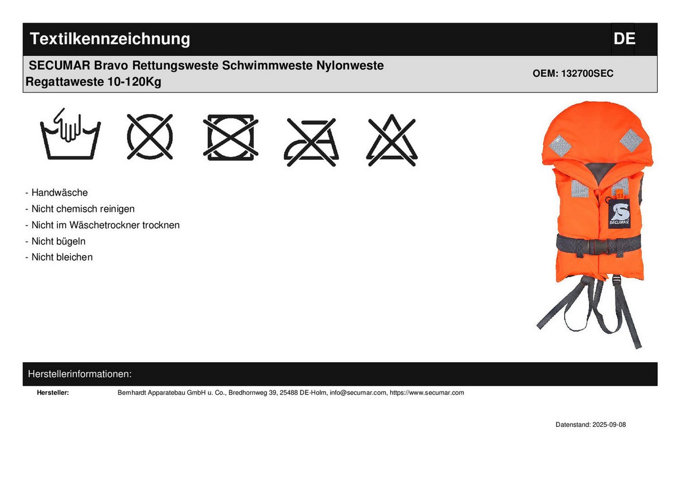 SECUMAR Schwimmweste SECUMAR Bravo Rettungsweste Schwimmweste Nylonweste Regattaweste – Bild 4 von 4