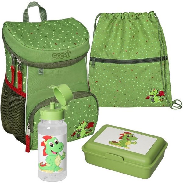 Scooli Kindergartentasche Mini-Me Diego Dragon (Set, 4-tlg., inkl. Turnbeutel, Brotdose und Trinkflasche), Rucksack Set in Grün mit Drache für Jungen und Mädche