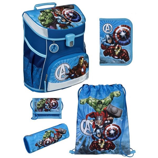 Scooli Schulranzen Campus Fit Avengers Schultasche, ab 1. Klasse, 980 Gramm, 18L Fassung (Grund-Set, 5-tlg., mit gefüllter Federmappe), leicht, ergonomisch, rob