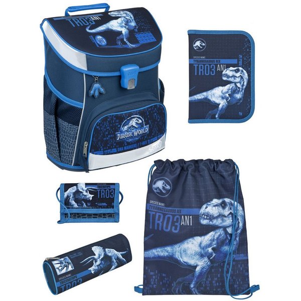 Scooli Schulranzen Campus Fit Jurassic World, T-Rex Dino, dunkelblau, ab 1. Klasse (Grund-Set, 5-tlg., mit gefüllter Federmappe, Turn- & Geldbeutel), kompakt, l