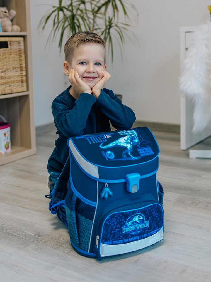 Scooli Schulranzen Campus Fit Jurassic World, T-Rex Dino, dunkelblau, ab 1. Klasse (Grund-Set, 5-tlg., mit gefüllter Federmappe, Turn- & Geldbeutel), kompakt, l – Bild 2 von 5