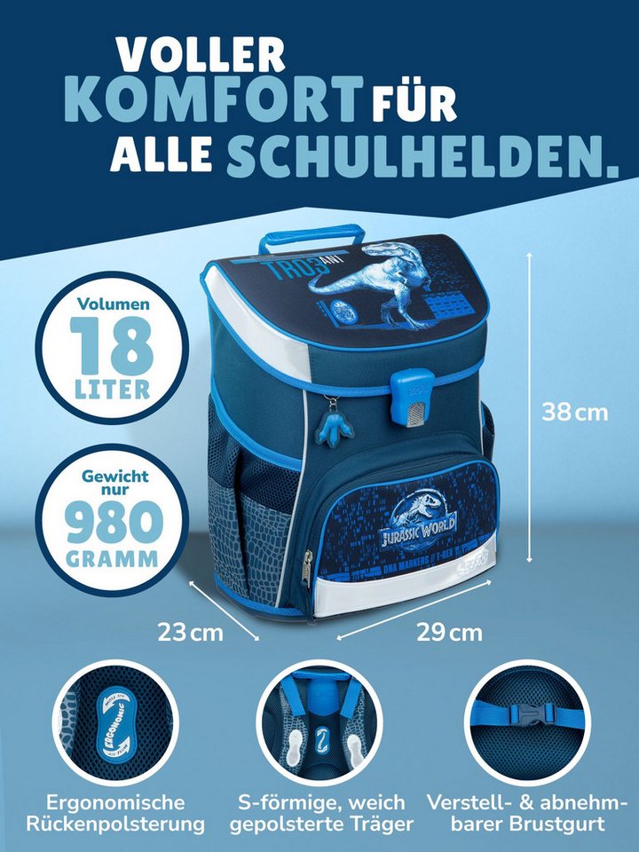 Scooli Schulranzen Campus Fit Jurassic World, T-Rex Dino, dunkelblau, ab 1. Klasse (Grund-Set, 5-tlg., mit gefüllter Federmappe, Turn- & Geldbeutel), kompakt, l – Bild 4 von 5