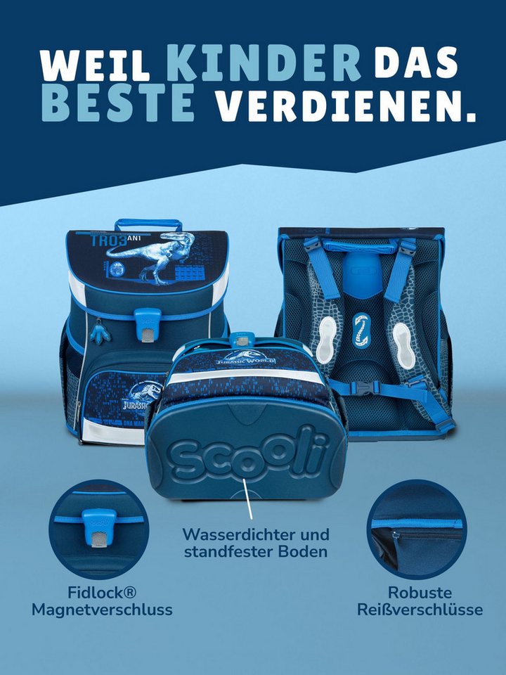 Scooli Schulranzen Campus Fit Jurassic World, T-Rex Dino, dunkelblau, ab 1. Klasse (Komplett-Set, 10-tlg., mit Lunch-Set, Sporttasche und Schultüte 85cm), kompa – Bild 5 von 5