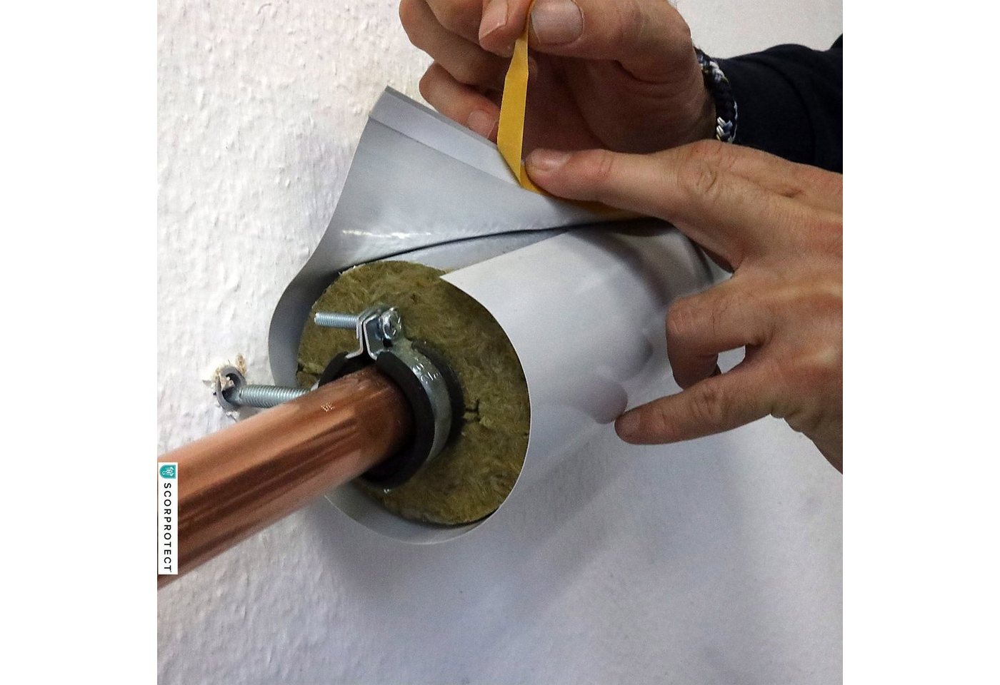 Scorprotect® Steinwolle PVC Folienzuschnitt selbstklebend hellgrau für gedämmte Rohre – Bild 5 von 5