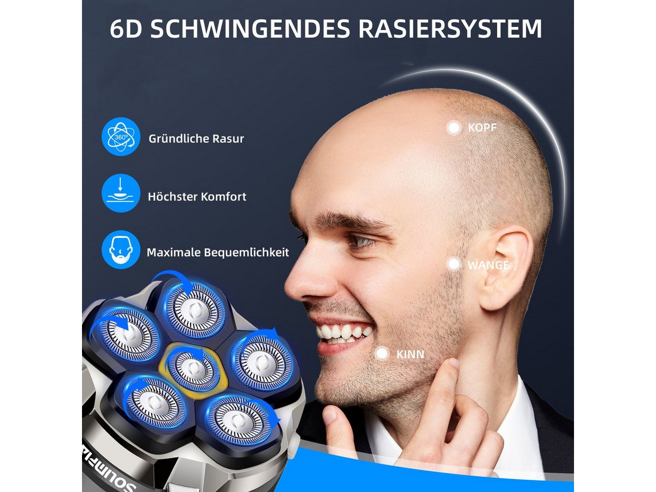 Scttomon Elektrorasierer HT-935, Aufsätze: 1, Bartschneider, 6-Kopf Glatzenrasierer, Wet&Dry, IPX6 Wasserdicht, LED Display – Bild 2 von 5