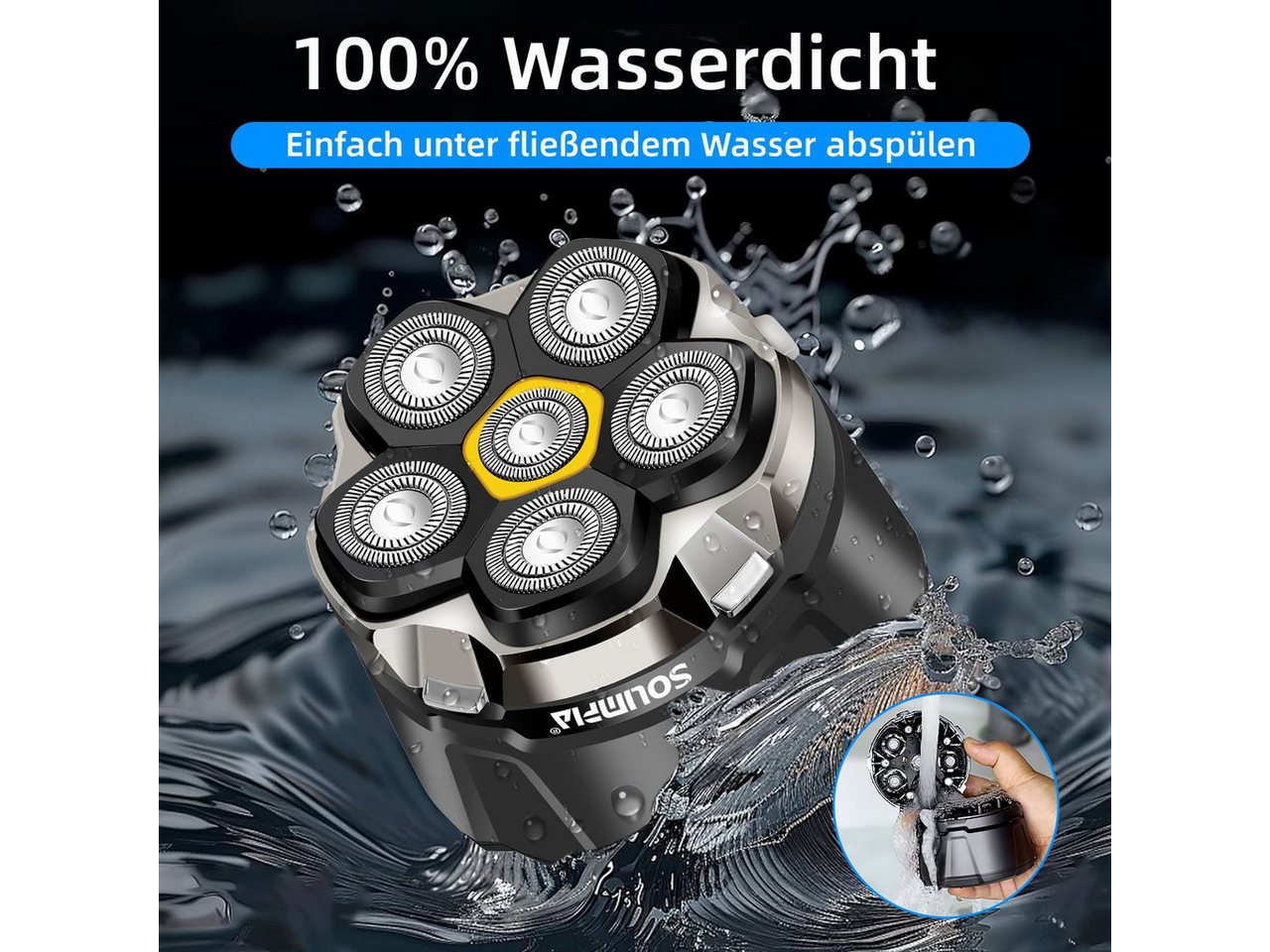 Scttomon Elektrorasierer HT-935, Aufsätze: 1, Bartschneider, 6-Kopf Glatzenrasierer, Wet&Dry, IPX6 Wasserdicht, LED Display – Bild 4 von 5