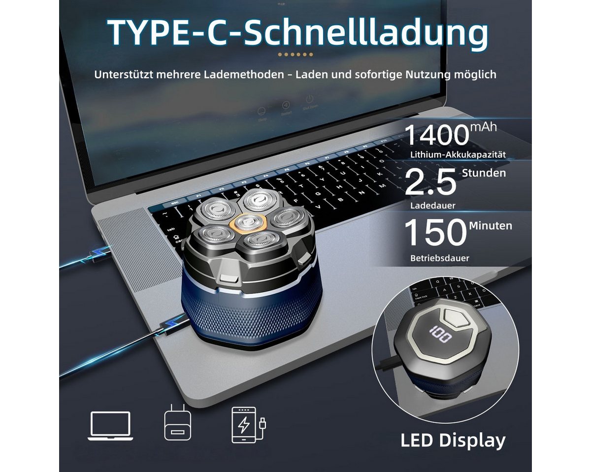 Scttomon Elektrorasierer HT-935, Aufsätze: 1, Bartschneider, 6-Kopf Glatzenrasierer, Wet&Dry, IPX6 Wasserdicht, LED Display – Bild 4 von 5