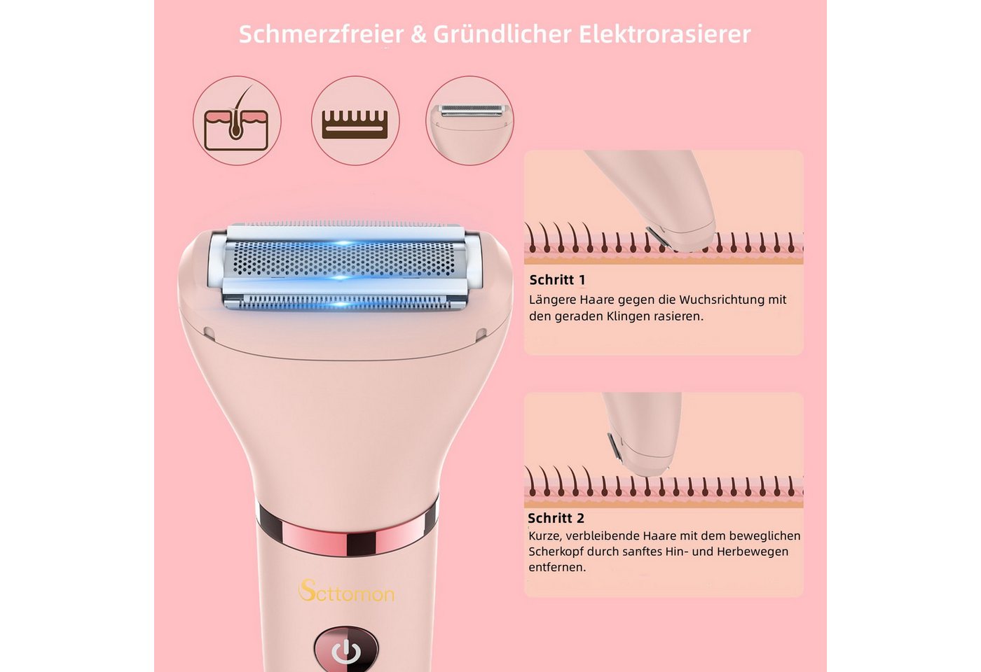 Scttomon Epilierer RFC-2018, Aufsätze: 1 St., Damenrasierer, Gesichtshaartrimmer, 3-in-1, Wet&Dry – Bild 4 von 5