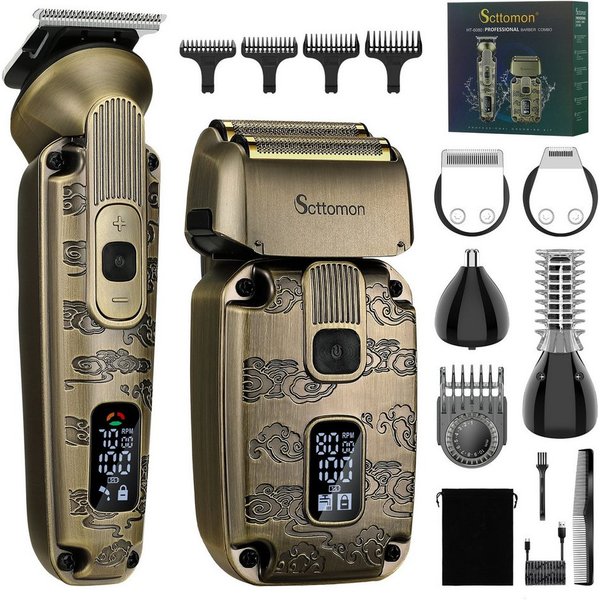 Scttomon Haar- und Bartschneider HT-6080, Haarschneider 4 in 1, Folienrasierer, IPX6 Wasserdicht