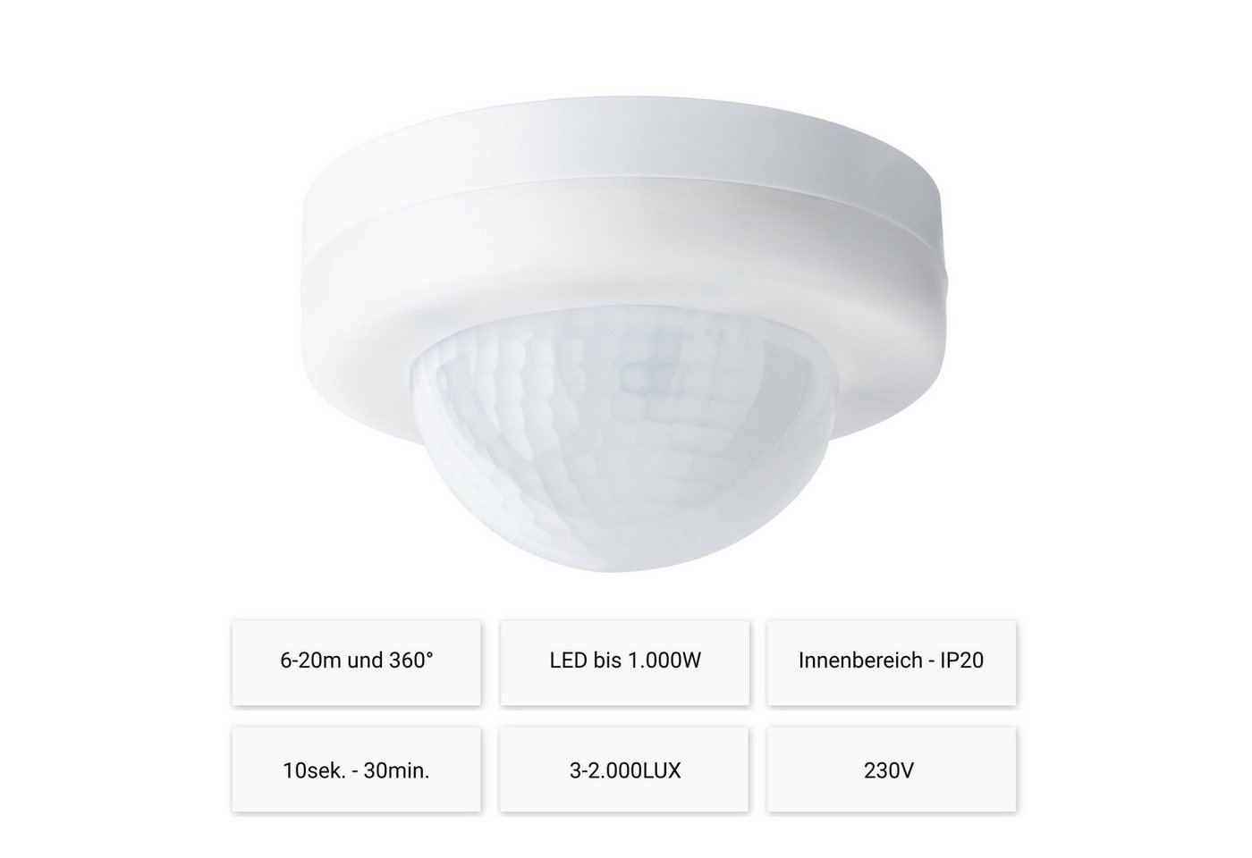 SEBSON Bewegungsmelder Infrarot Sensor Aufputz Decken Montage 360° Reichweite 20m IP20, (1-St), 360° Erfassung, Programmierbar, LED geeignet 1.000W, 3 Draht – Bild 2 von 5