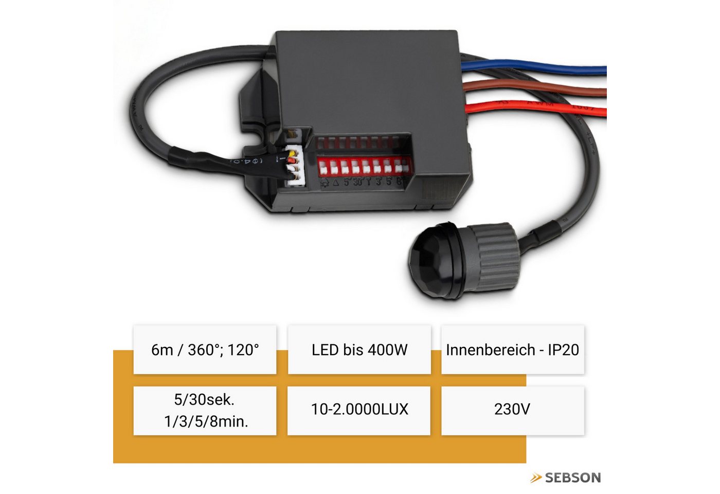 SEBSON Bewegungsmelder Mini Einbau Infrarot Sensor - Programmierbar, Reichweite 6m / 360°, (1-St), LED geeignet 400W, 3 Draht, Schalter 56x37x26mm, Sensor Ø18x2 – Bild 2 von 5