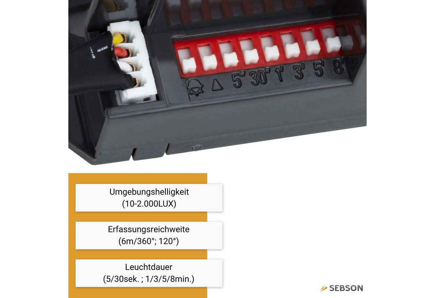 SEBSON Bewegungsmelder Mini Einbau Infrarot Sensor - Programmierbar, Reichweite 6m / 360°, (1-St), LED geeignet 400W, 3 Draht, Schalter 56x37x26mm, Sensor Ø18x2 – Bild 3 von 5