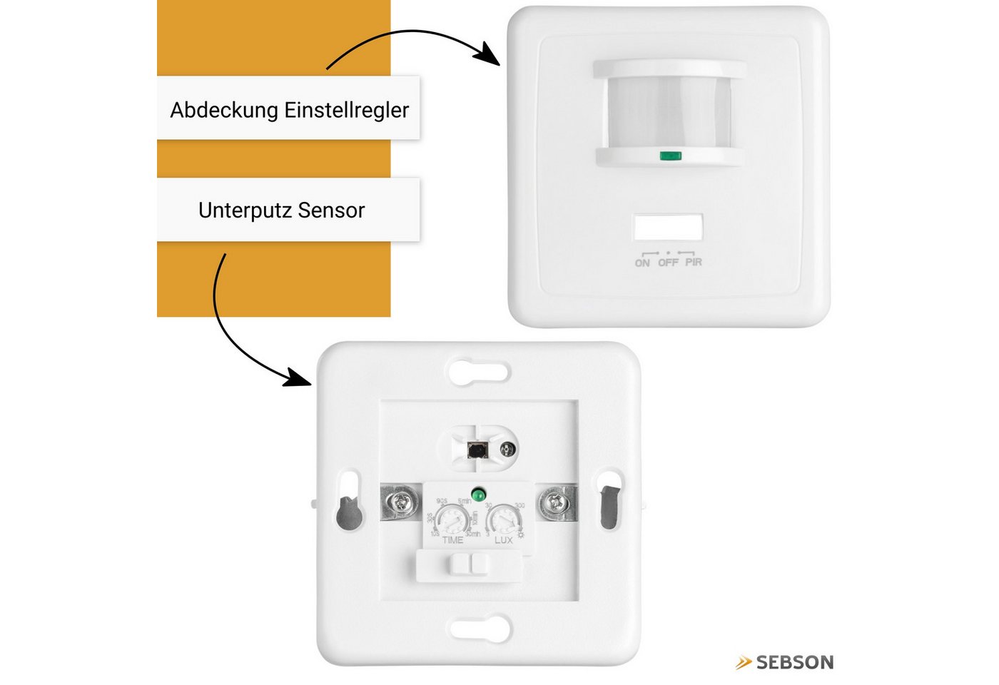 SEBSON Bewegungsmelder Bewegungsmelder Unterputz LED geeignet IR Sensor - 2er Set, (2-St), LED geeignet, programmierbar, 160°, Ein- und Ausschalter – Bild 3 von 5