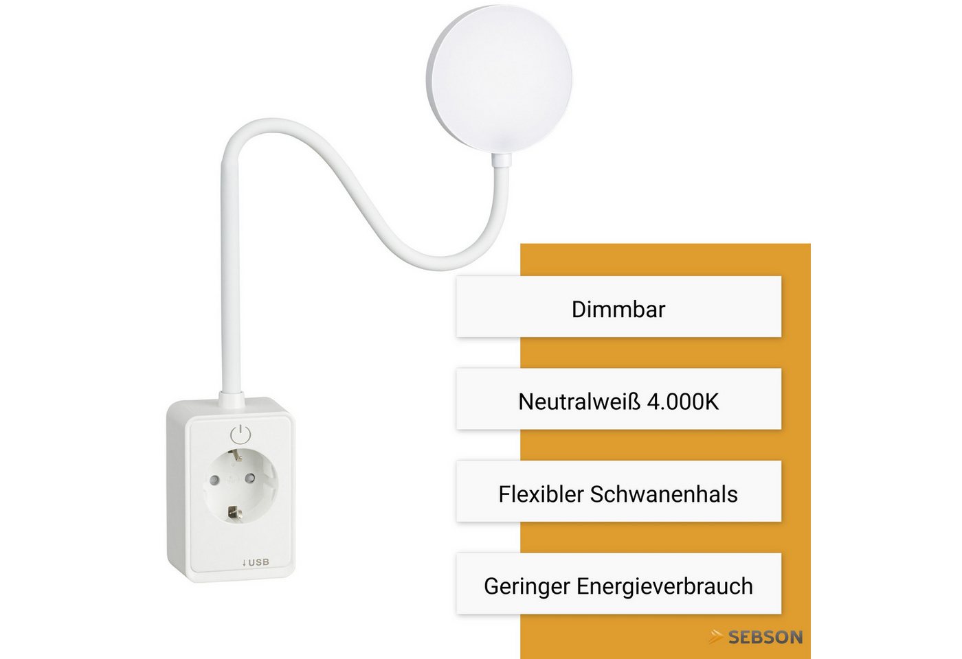 SEBSON LED Steckdosenleuchte LED Steckdosenleuchte dimmbar mit Flexarm, USB, Ein- und Ausschalter, LED integriert, neutralweiß, USB-A Anschluss, USB-C Anschluss – Bild 2 von 5